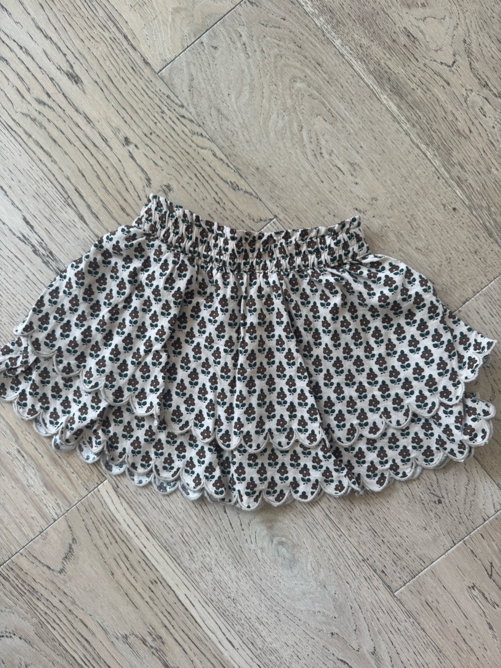 Rylee + Cru Cream Floral Scalloped Hem Dress with Brown & Green Flowers